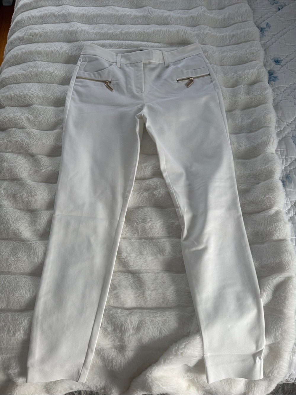 Ivanka Trump White Slim Ponte Knit Jeans with Silver Zippers